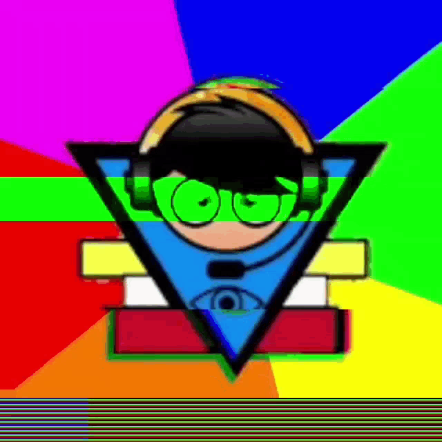 a cartoon character wearing headphones and glasses is in a triangle with a colorful background .