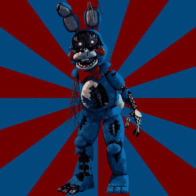 a blue bunny with a red bow tie is standing in front of a red and blue background