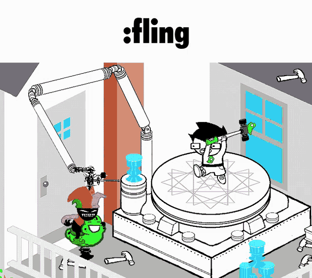 a cartoon drawing of a room with the word fling on the top