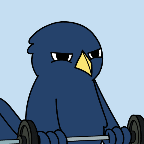 a blue bird with a yellow beak is holding a barbell