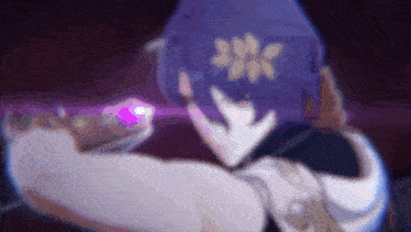 a close up of a person with purple hair holding a purple object .