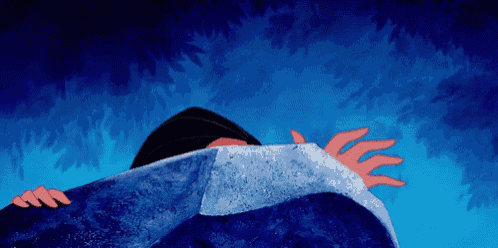 a cartoon of a woman covering her face with a blue blanket .