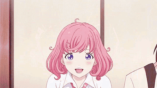 a girl with pink hair and blue eyes is wearing a white shirt