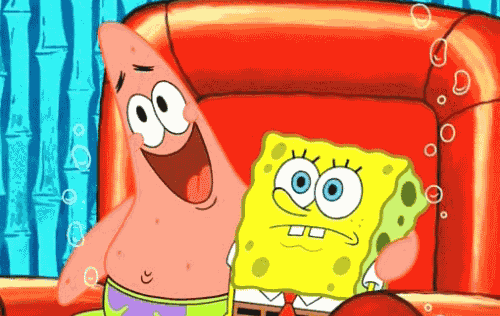 a cartoon of spongebob and patrick sitting on a red couch