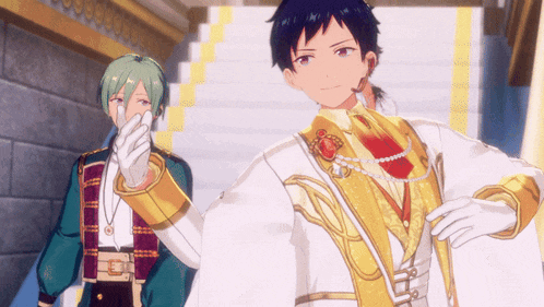 two anime characters are standing next to each other and one of them is wearing a white and gold suit