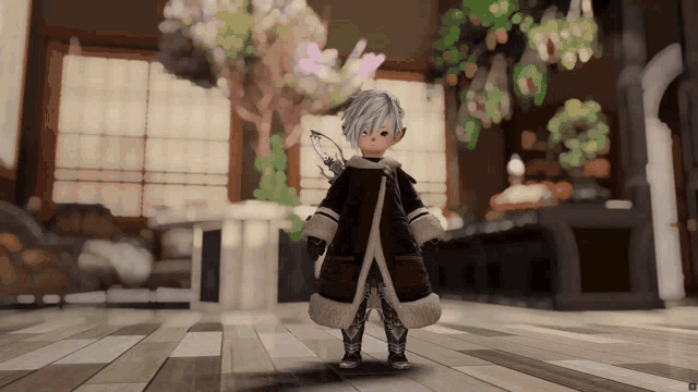 a video game character is standing on a wooden floor in front of a window
