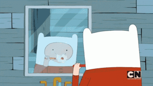 a cartoon character is brushing his teeth in front of a mirror that says cn on the bottom