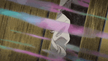a person is standing on a wooden floor with pink and blue lines coming out of it