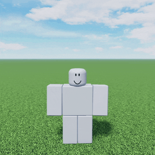 a white roblox character with a smiley face is standing in a grassy field
