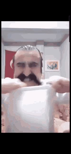 a man with a beard and mustache is holding a white object