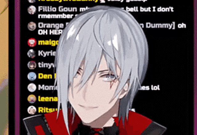 a man with gray hair and purple eyes is smiling in front of a list of names