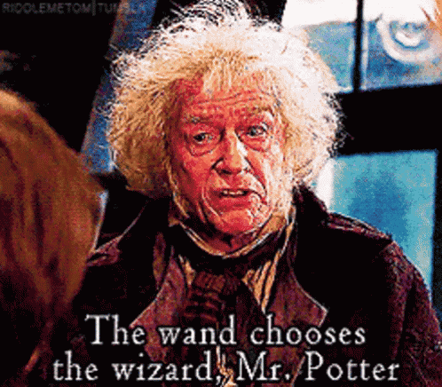 a man with blonde hair is talking to a woman and says the wand chooses the wizard ! mr. potter
