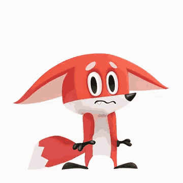 a red and white cartoon fox with a sad look on its face