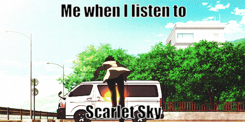 a cartoon of a person jumping out of a van with the words me when i listen to scarlet sky