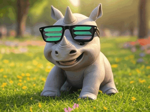 a rhino wearing sunglasses sits on the grass