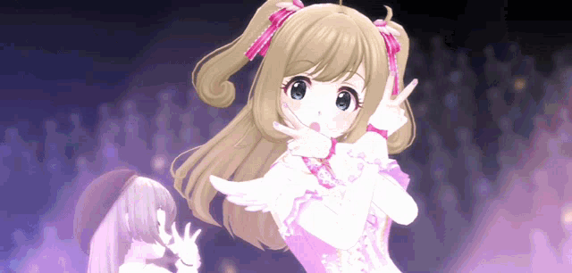 a girl in a pink dress is making a peace sign with her hands