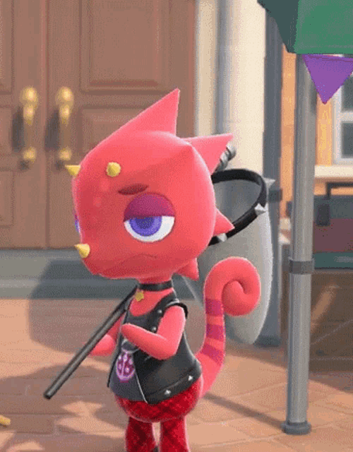 a red cartoon cat is standing on a tiled floor holding a stick in his hand .
