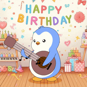 a birthday card with a penguin holding a guitar