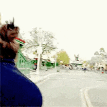 a blurry picture of a person walking down a street with trees in the background .