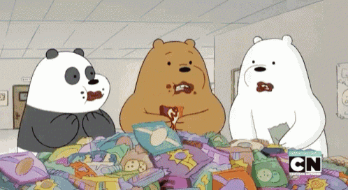 three cartoon bears are sitting around a pile of snacks with cn written on the bottom