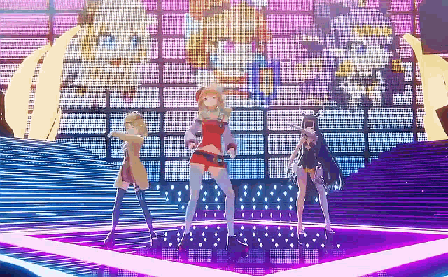 three anime girls are dancing on a stage