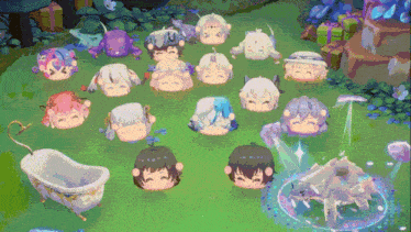 a bunch of cartoon characters are laying in the grass