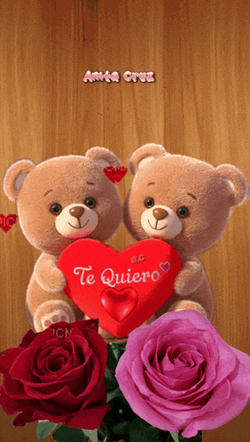 two teddy bears holding a red heart that says " te quiero "