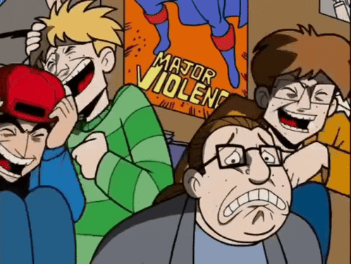 a group of cartoon characters are laughing in front of a sign that says major violent