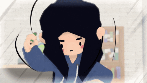 a cartoon drawing of a girl with long black hair and a blue hoodie