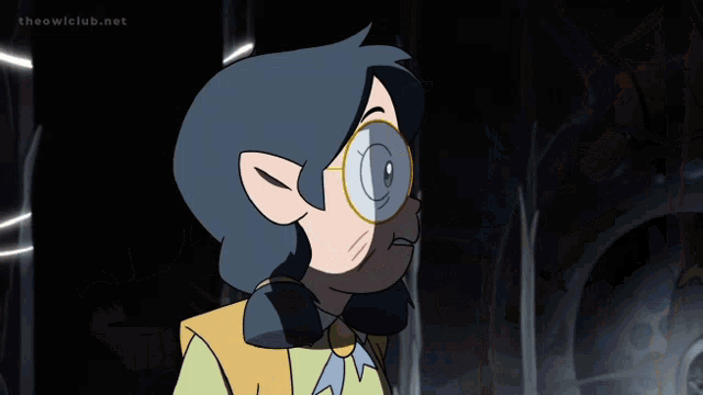 a cartoon character with glasses and a bow tie is standing in a dark room