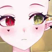 a close up of a anime girl 's face with red eyes and yellow eyes
