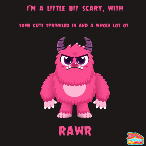 a pink monster with horns and the word rawr on the bottom