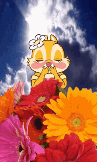 a cartoon chipmunk with a flower on her head smelling flowers