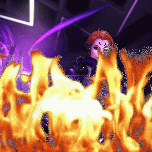 a computer generated image of a woman surrounded by purple and orange flames