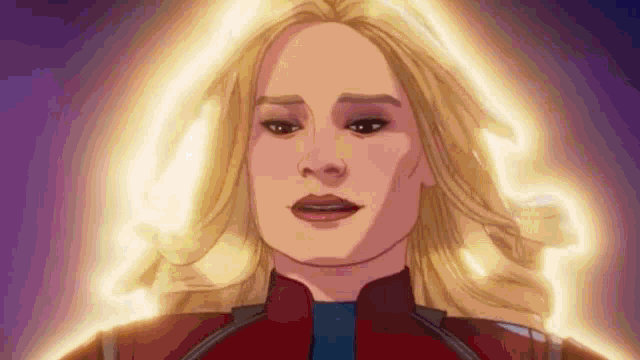 a close up of a cartoon of captain marvel with a light coming out of her head .