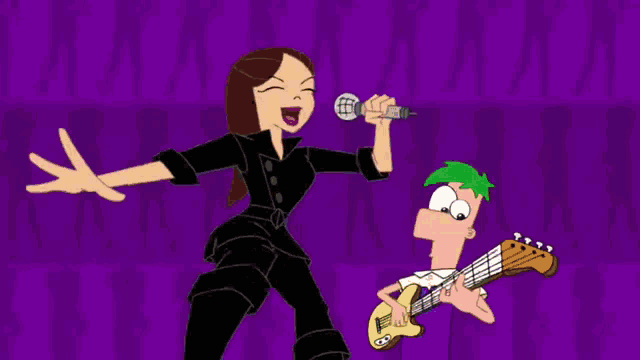 a cartoon of perry the platypus singing into a microphone while perry plays a guitar