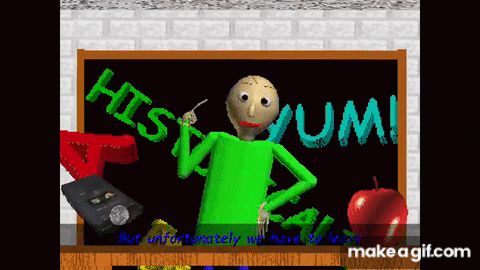 a video game character stands in front of a blackboard that says history yum