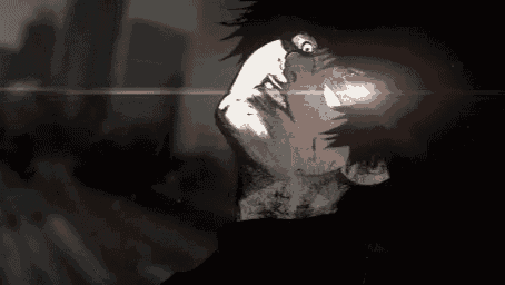 a black and white drawing of a person with a red light coming out of his eyes .