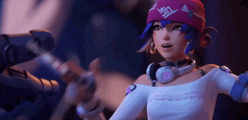 a cartoon character wearing headphones and a purple hat is standing in front of a microphone .