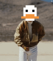 a man in a brown jacket has a duck face on his face