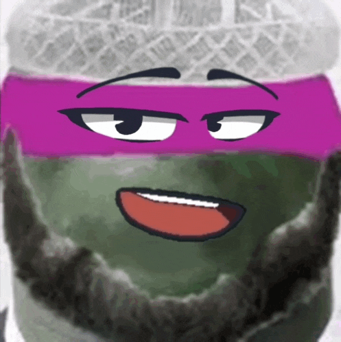 a close up of a cartoon character with a purple mask on