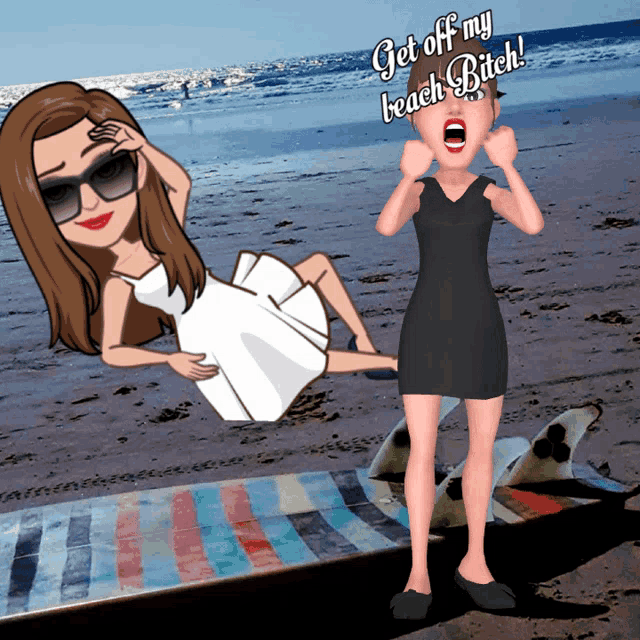 a cartoon of a woman laying on a beach with the words get off my beach bitch