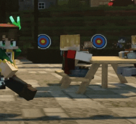 a video game scene with a picnic table and a target in the background