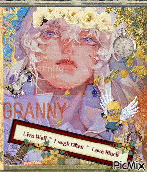 a picture of a woman with a crown of flowers on her head and the words granny live well laugh often love much