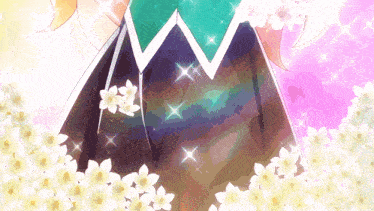 a girl in a green dress is surrounded by white flowers and sparkles
