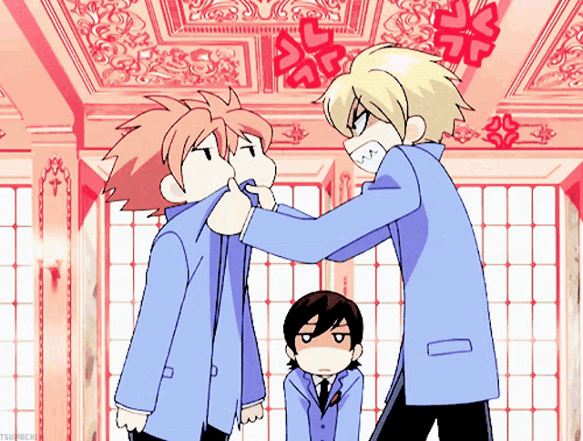 a couple of anime characters standing next to each other and one of them has a mask on