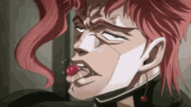 a close up of a cartoon character with red hair eating a cherry .