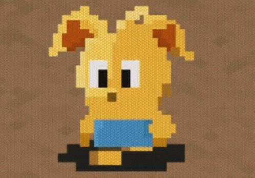 a pixel art drawing of a cartoon character with a blue shirt on