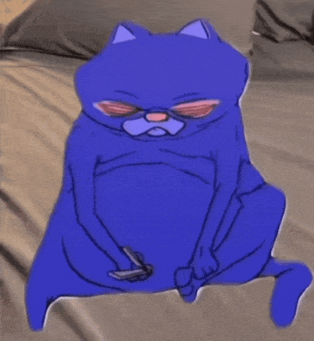a blue cat is sitting on a bed with a knife in its hand