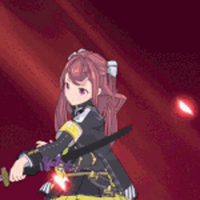 a girl with purple hair is holding a sword in a video game .